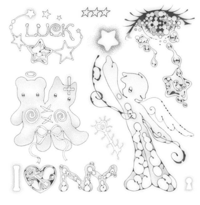 custom cutesy grunge phonecharm set (silver, white, pink, black, swirls)