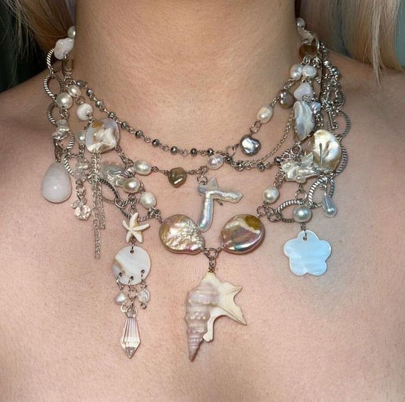 custom complex ocean necklace (shells, pearls, cool tones, silver, rosary style)