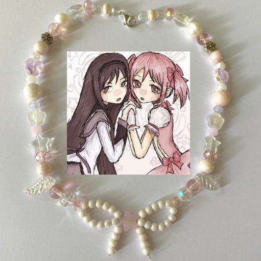 madoka x homura pink bow necklace